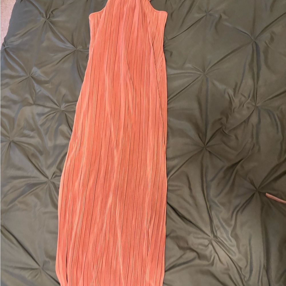 Off-Orange Pleated Maxi Dress – Sleeveless Flowy Summer Boho Chic